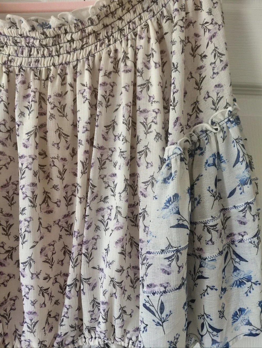 Free People Boho Off-Shoulder Floral Peasant Top - Cream with Blue Print